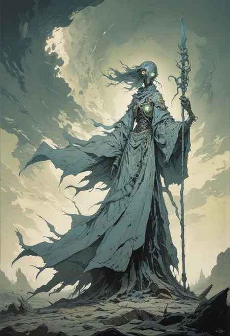 frank frazzeta ghibli and moebius inspired post-apocalyptic wasteland setting, era ancient future, muted colors with stark contrasts, solo, a lone sorcerer stands on a cracked, barren landscape, their cloak billowing in the wind, ¬the sky above them is filled with swirling clouds in muted grays, and their staff glows faintly with magical energy, simple and desolate, the contrast between the figure and the bleak environment emphasizes their isolation.