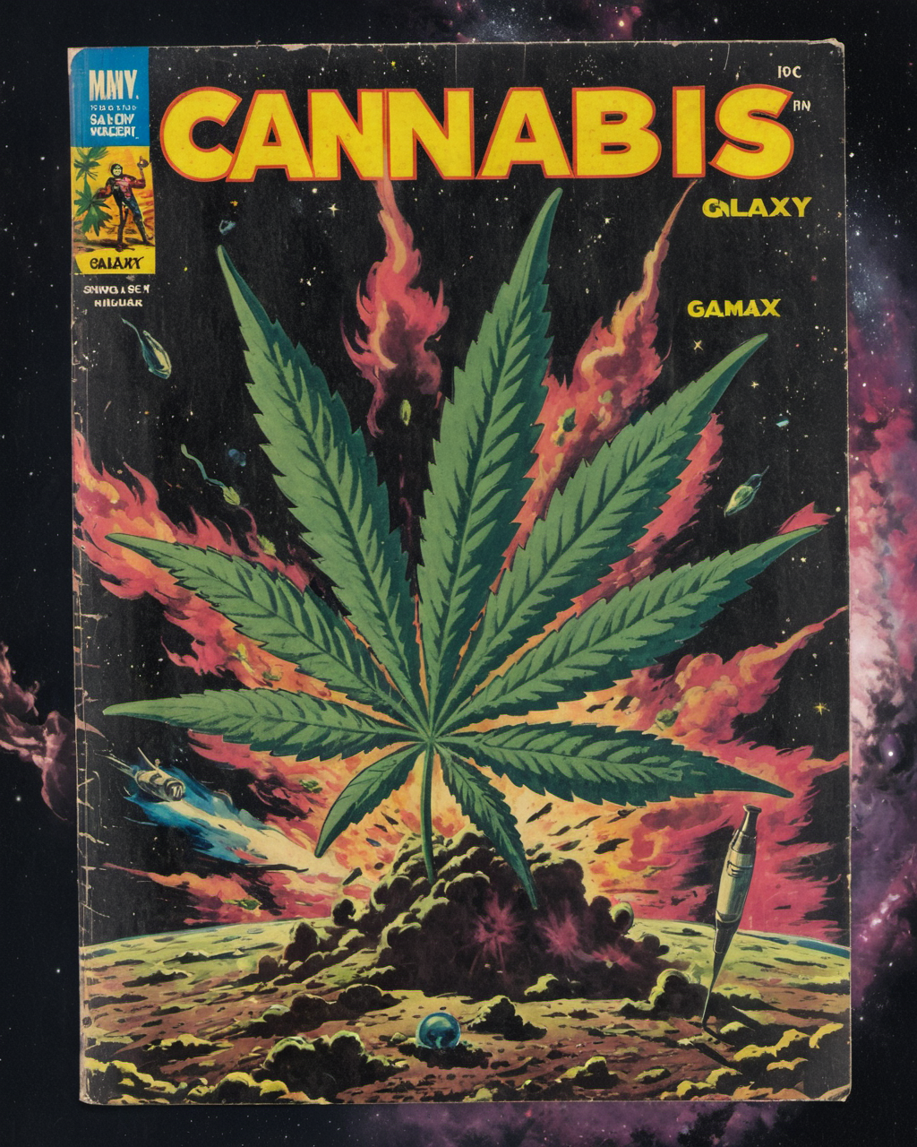 <lora:Wiz-VintageComicBookCover_v01:1> Vintage comic book cover of Cannabis Galaxy,  a cosmic-themed artwork with cannabis leaves and smoking accessories scattered like stars in a galaxy. Add a dreamy or surreal touch to capture the elevated experience.