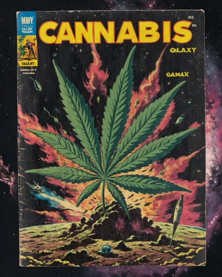 <lora:Wiz-VintageComicBookCover_v01:1> Vintage comic book cover of Cannabis Galaxy, a cosmic-themed artwork with cannabis leaves and smoking accessories scattered like stars in a galaxy. Add a dreamy or surreal touch to capture the elevated experience.