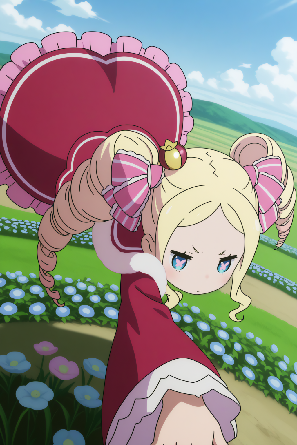 anime coloring, dynamic pose, very aethestic, masterpiece, depth of field, perfect composition, perspective, beatrice_\(re:zero\),  Flower Garden   <lora:Beatrice-illu:0.8>