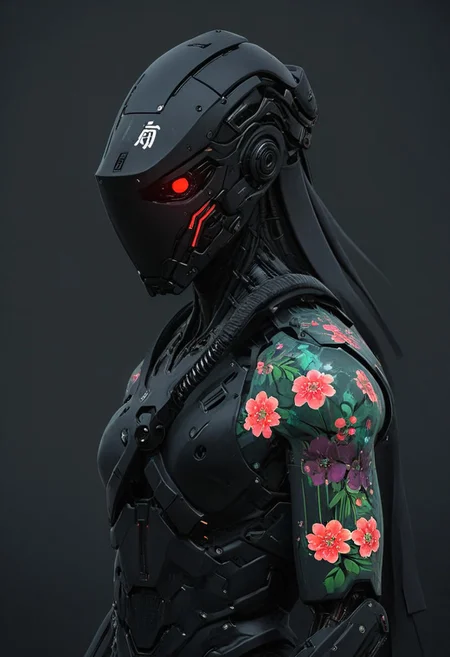 outdoors, Create a HR Giger inspired, mystical, and high-resolution image of a humanoid robot with intricate mechanical components. bandanna, mullet, suit, old, man, solid snake, The character should be depicted in a manga cover style with wealthy portraiture and poster art elements. The image should feature rich colors and high contrast, focusing on the best quality, official art, and a beautiful and aesthetic appearance. Include fractal art elements and a colorful background with a splash of color. Use a movie perspective and an advertising style, similar to a magazine cover. Cyborg samurai should be shown solo, wearing Japanese clothes and armor, and standing in a cowboy shot pose. The robot should have a outworn shirt, tattoos, muscular abs, shoulder armor, and a metallic colorful Neon flowers in the background. Emphasize a samurai theme with a cyberpunk scenery background and translucent dark-red elements.