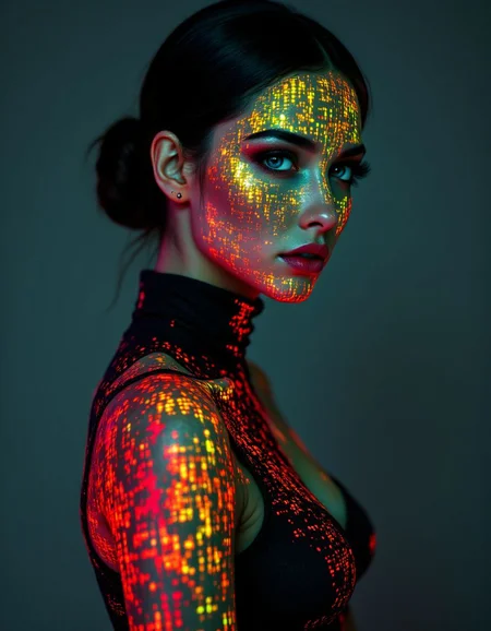 cybernetic style futuristic style Futurism Art Style, This is a high-resolution photograph of a woman with a striking, futuristic appearance. Her face and body are covered in a glowing, pixelated pattern of vibrant colors, including red, orange, yellow, green, blue, and white, which creates a mesmerizing, almost holographic effect. The colors are arranged in a complex, abstract design, with some areas of the pattern appearing more densely packed than others. Her skin is smooth and flawless, accentuated by the contrast of the glowing pixels.
The woman has a slender build and is wearing a form-fitting, black bodysuit that mirrors the pixelated pattern, seamlessly blending with the light show. Her dark hair is pulled back into a sleek, low bun, and her eyes are strikingly blue, complemented by thick, dark eyelashes. She has full, red lips that stand out against the colorful background.
The background is a dark, neutral color, which allows the glowing pixels to be the focal point. The lighting is soft but intense, casting shadows that enhance the depth and dimension of the image. The overall style of the photograph is modern and avant-garde, blending elements of technology and fashion into a visually stunning and thought-provoking composition. <lora:aidmaFLuxPro1.1_v0.3:1>, ((intricate details)), hdr, ((intricate details, hyperdetailed)), dynamic, dramatic, Futurism Art Style . sleek, modern, ultramodern, high tech, detailed . futuristic, technological, cybernetic enhancements, robotics, artificial intelligence themes