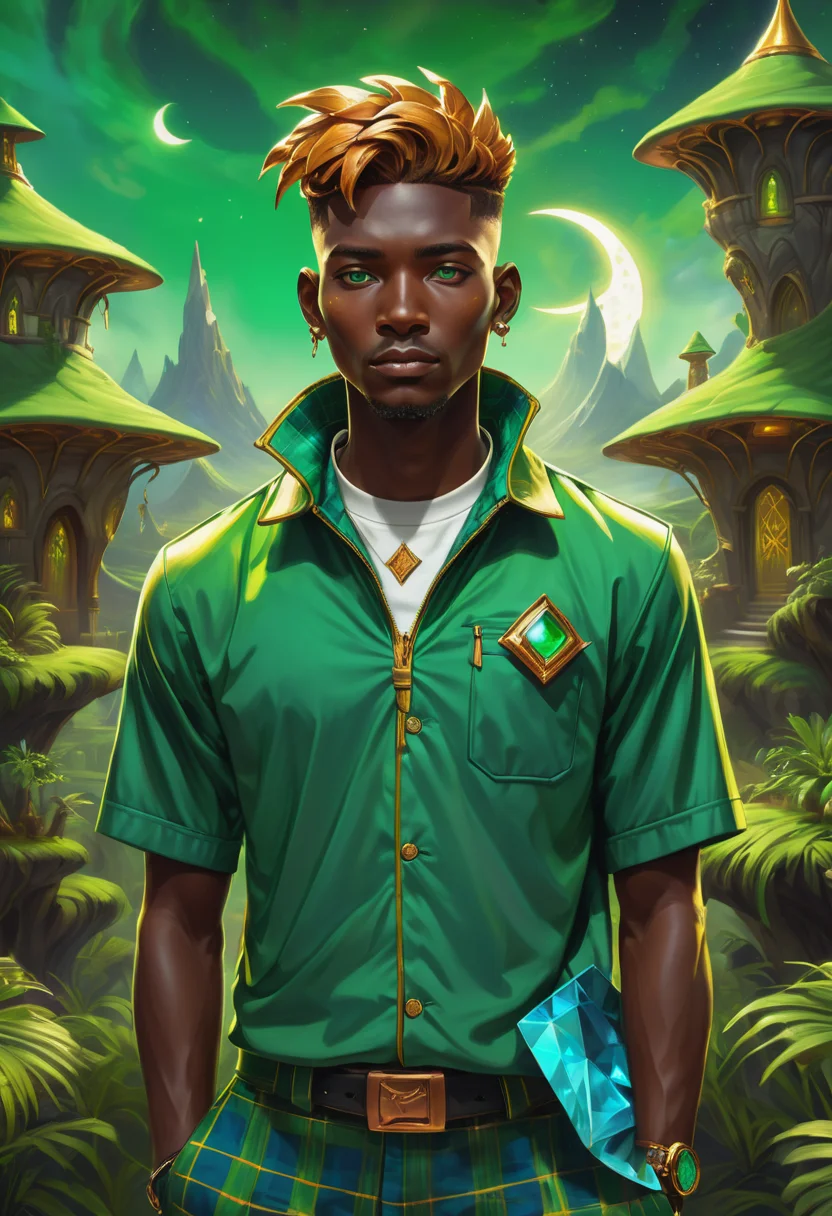 hyper detailed masterpiece, dynamic, awesome quality, male eighteen solid, african, blue eyes, flared ears, double chin, triangle face shape, , green disconnected undercut hair, loneliness, enigmatic divination, holding a magical artifact for prophetic visions, wearing sateen green spore print tartan golf shorts, naples yellow striated polo jacket, athletic shoes, headscarf, stun (perpendicular liness,perihelion,copper prophecy,mystifying ,bewitching,swirling,glacier magic:1.0), mana absorption, palms open, drawing magic from the surroundings, enchanted moonlight, arcane repository of magical tomes, plaster,glass,sandstone,metal roofing roof, torches (traditional or modern), downlighting'