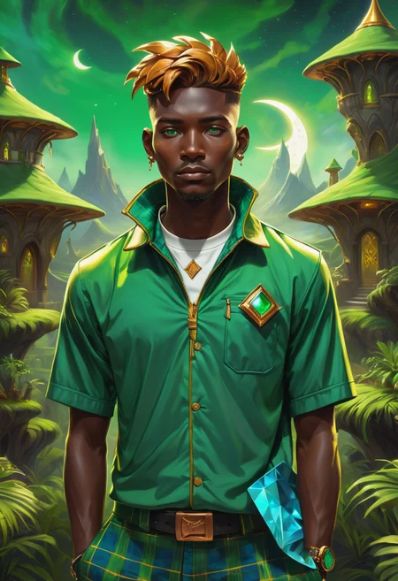 hyper detailed masterpiece, dynamic, awesome quality, male eighteen solid, african, blue eyes, flared ears, double chin, triangle face shape, , green disconnected undercut hair, loneliness, enigmatic divination, holding a magical artifact for prophetic visions, wearing sateen green spore print tartan golf shorts, naples yellow striated polo jacket, athletic shoes, headscarf, stun (perpendicular liness,perihelion,copper prophecy,mystifying ,bewitching,swirling,glacier magic:1.0), mana absorption, palms open, drawing magic from the surroundings, enchanted moonlight, arcane repository of magical tomes, plaster,glass,sandstone,metal roofing roof, torches (traditional or modern), downlighting'