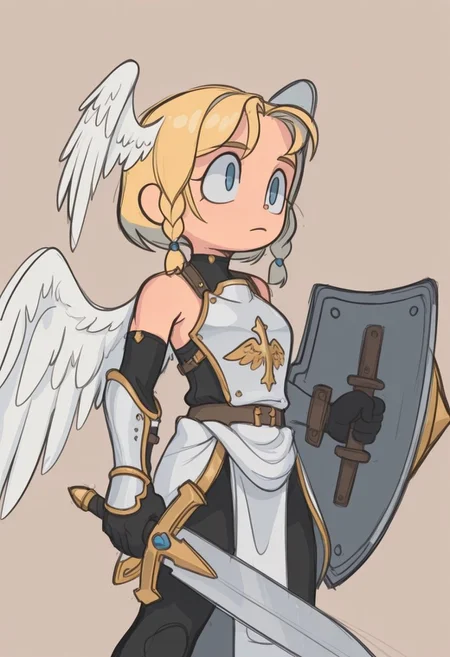 sslt,
1girl, solo, braid, angel, angel wings, arm shield, armor, black gloves, blonde hair, blue eyes, closed mouth, detached sleeves, feathered wings, gloves, head wings, holding, holding sword, holding weapon, short hair, side braids, sword, twin braids, weapon, white wings, wings