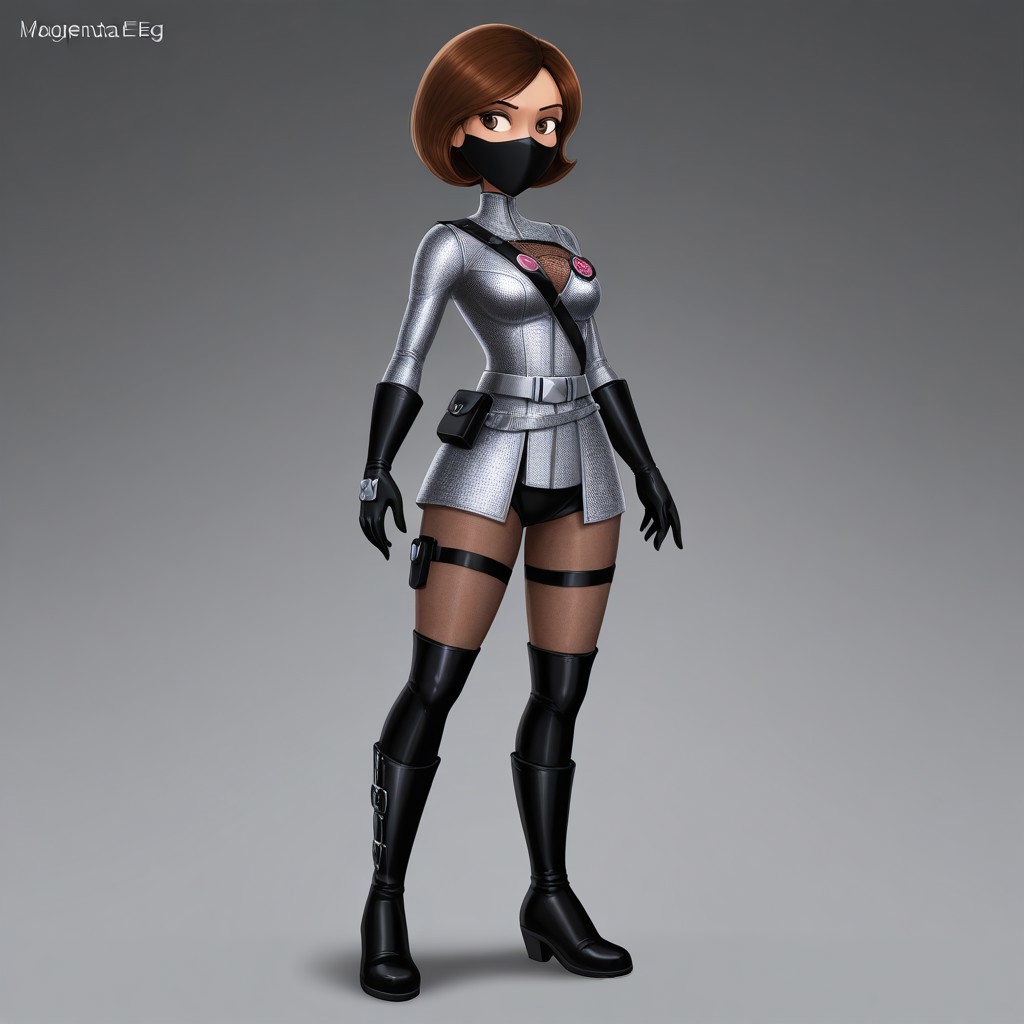 helen, 1girl, solo, brown hair, brown eyes, silver mesh, magenta belt, magenta "EG" badge on the chest, with a black mask, gloves, tights, black high boots.