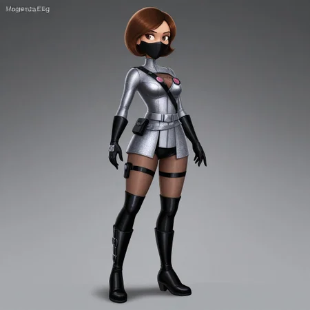 helen, 1girl, solo, brown hair, brown eyes, silver mesh, magenta belt, magenta "EG" badge on the chest, with a black mask, gloves, tights, black high boots.