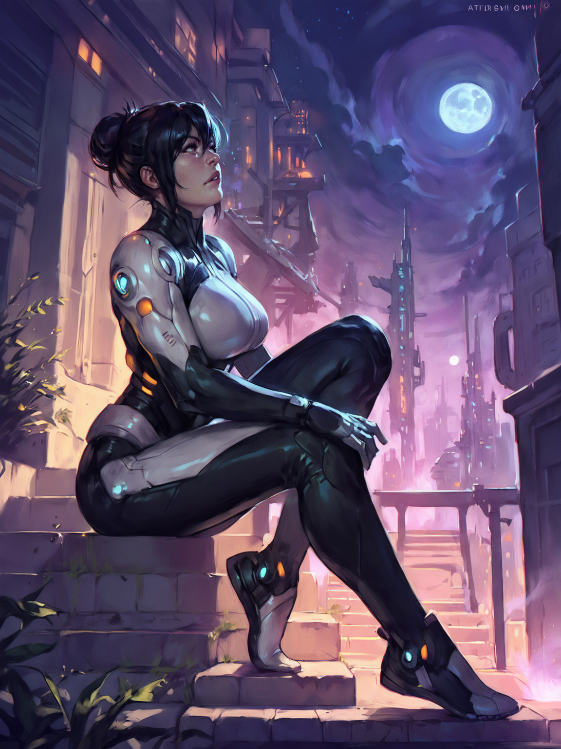 adult woman, solo, curvy, black hair, hair bun, hair between eyes, sitting on the stairs, sidewalk, outdoors, science fiction, white costume, dynamic pose, skyline, night, moon, purple fog, from side, <lora:sabudenego:0.8>, score_9, score_8_up, score_7_up