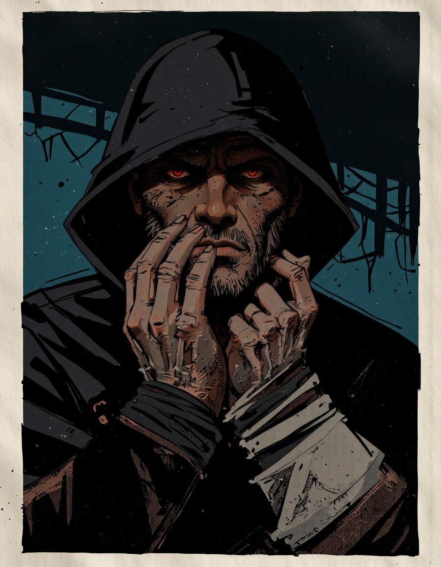 By Alex Vede. This is a digital illustration in a dark, gritty, and stylized comic book art style. The subject is a male figure with a gaunt, gauntleted hand, and a face obscured by a hood, revealing only his piercing, glowing red eyes that stand out starkly against the dark background. His face is twisted in a snarl, with a menacing expression, and his mouth is open, revealing sharp, pointed teeth.