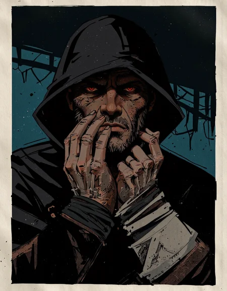 By Alex Vede. This is a digital illustration in a dark, gritty, and stylized comic book art style. The subject is a male figure with a gaunt, gauntleted hand, and a face obscured by a hood, revealing only his piercing, glowing red eyes that stand out starkly against the dark background. His face is twisted in a snarl, with a menacing expression, and his mouth is open, revealing sharp, pointed teeth.