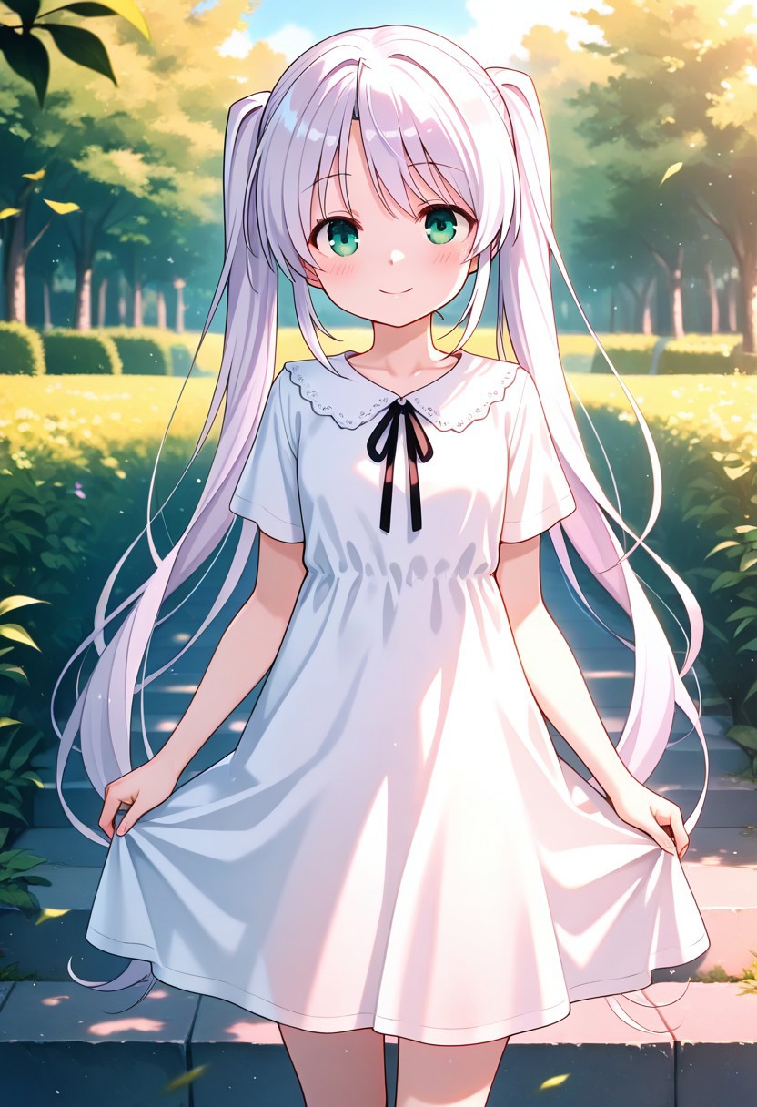 1girl,cowboy_shot,best quality,amazing quality,absurdres,shiro,white dress,short sleeves,looking_at_viewer,smile,outdoors