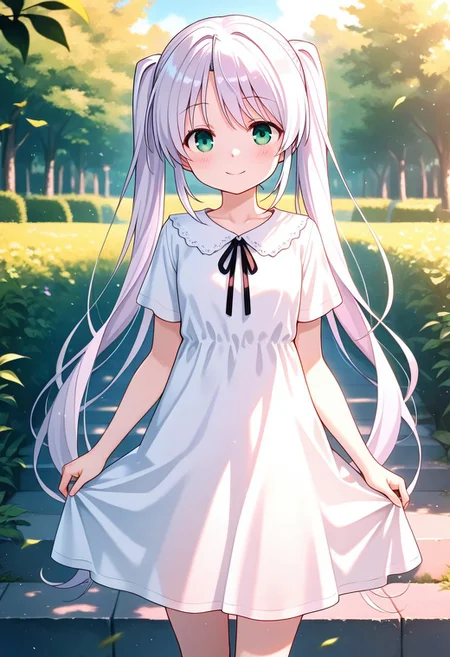 1girl,cowboy_shot,best quality,amazing quality,absurdres,shiro,white dress,short sleeves,looking_at_viewer,smile,outdoors