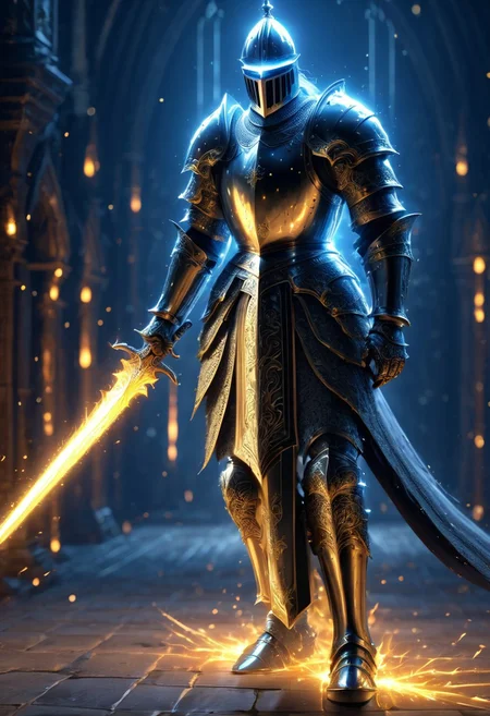 Knight ready to strike, battle, sword, glowing, hyperdetailed