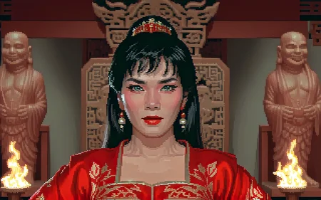<lora:bigtroubleinlittlechina sdxl - damocles_aaa:0.9> <lora:lucasarts style:1.3> lucasarts style,
, 2d flat shading, pixel art, video game screenshot
,miaoyin,wearing red dress,make-up,in final room, close-up, pale skin, asian woman,