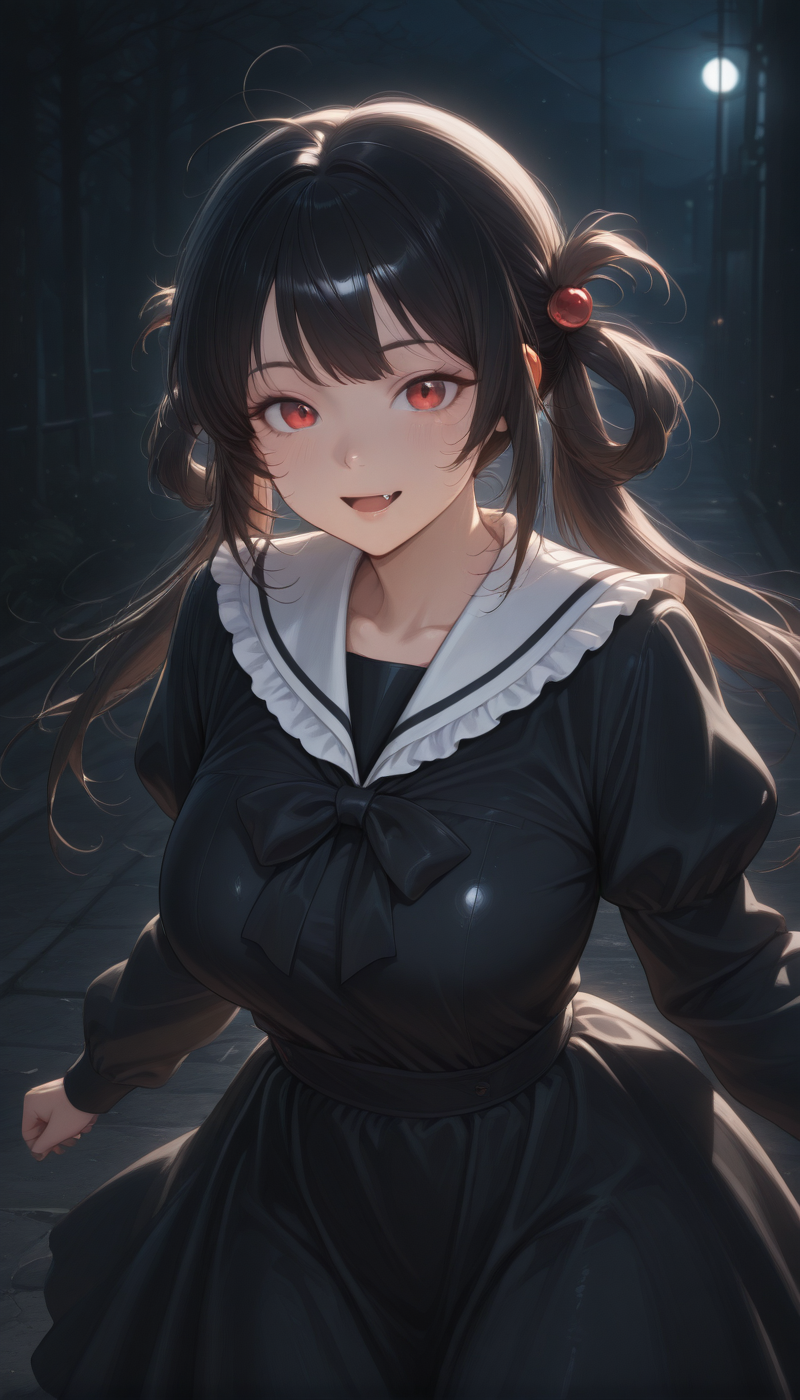 <lora:LCMTurboMix_Euler_A_fix:1> <lora:example_SDXL:0.3>, EZRealPONYXL, <lora:Dramatic Lighting Slider:3>
DSLR,realistic,cosplay photo, (very awa,masterpiece,best quality,year 2024,newest,absurdres,highres:1), realistic,skin texture,facial features, photography shot with Canon EOS 5D Mark IV , realistic, RAW, best quality, masterpiece, amazing quality, skin details,
1girl, highly detailed beautiful face, large natural breasts,
detailed background, shiny skin, dutch angle, night, moonlight,
beautiful detailed eyes, intricate details, absurdres, anime screencap,
 <lora:YoakenoNanashi_Vtuber_kill0825:1>
VTNanashi, long hair, black hair, red eyes, fang, ahoge, sidelocks,
shirt, hair ornament, red eyes, dress, twintails, frills, puffy sleeves, sailor collar, black dress, slit pupils, white sailor collar, hair rings, frilled shirt collar, frilled collar, frilled sailor collar, black shirt, hair bobble, food-themed hair ornament, serafuku, 
Dynamic pose,