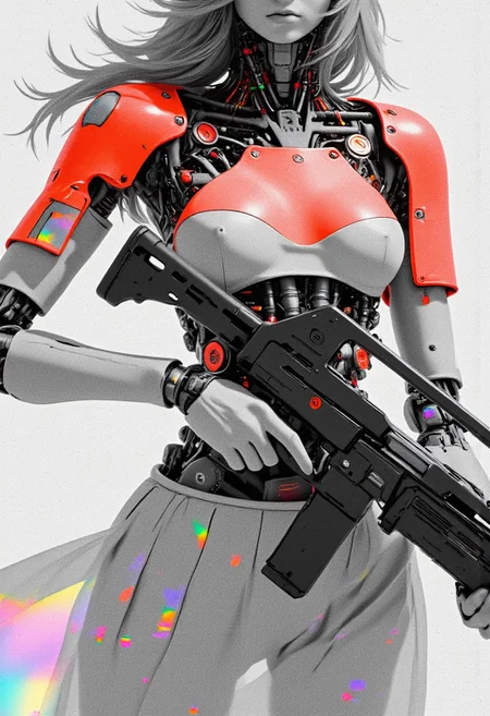 scrmblcbletv, analog, interlaced, ajpasbot. A photorealistic monochromatic 3D render with vibrant neon orange glitches showing a detailed close-up of a feminine robot's Upper body featuring a curvaceous form wearing a short pleated skirt and thigh-high stockings. She IS Holding a Large futuristic Energy blaster Pulse rifle, Her exposed mechanical body consists of intricately connected desaturated components - orange and Grey hydraulic pistons, and joint mechanisms visible through transparent panels. The exoskeleton features color-blocked sections in vibrant Red and Pristine white, with delicate seams and intricate mechanical details. Exposed circuitry glows with holographic highlights between armor plates. Her shoulder blades are elegant mechanical structures with prismatic reflections. The short skirt fabric flows with a metallic sheen, while sheer holographic thigh-high stockings hug her mechanical legs, revealing glimpses of the complex mechanical structure beneath. The neon-mist stockings feature intricate geometric patterns. The composition is set against a bleaked White desert background, atmospheric lighting, atmospheric haze, Artificial directional lighting emphasizes the detailed mechanical anatomy and creates playful reflections across the surfaces. Shot in extreme close-up, focusing on the intricate details of her mechanical Upper Body structure.