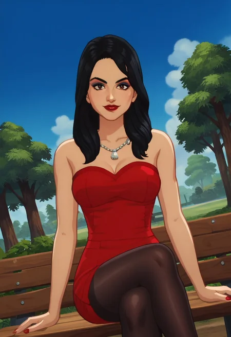 score_9, score_8_up, score_7_up, source_anime, anime_screencap, anime_coloring
Sims4BellaGoth, 1girl, black hair, long hair, brown eyes, makeup, lipstick, red lips, short dress, red dress, strapless dress, necklace, pantyhose black pantyhose,
Forest, daytime, sky, clouds
Rating_safe
smug, sitting, crossed legs, outdoors, 1girl, bench, trees, sky, clouds, sun, looking at viewer, day, forest, cowboy shot, upper body focus, (Dutch angle:1.4)