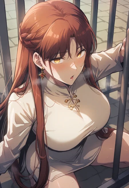 score_9, score_8_up, score_7_up, score_6_up, source_anime, rating_explicit, 1girl, solo, huge breasts, <lora:Leah Testerossa prefectPonyxl:0.9> long hair, red hair, yellow eyes, brown hair, french braid, earrings, white dress, short dress, long sleeves, surprised, parted lips, Narrow shoulders, heavy breathing, steaming body, prison, outdoors, looking at viewer, kneeling, spread legs, from above
