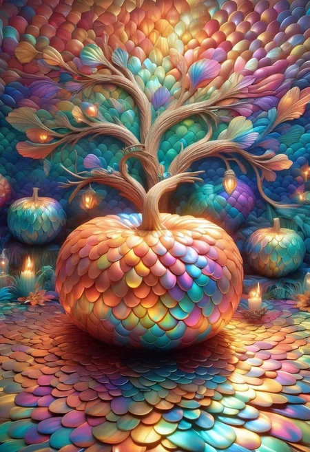 p1nk1r1sc4l3s, Jack-O-Lantern, made out of iridescent scales, highest-Quality, intricate details, Masterpiece.