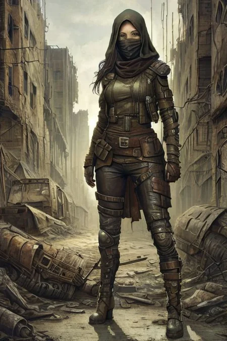 (masterpiece:1.2), (best quality,:1.2), 8k, HDR, ultra detailed, ((photorealistic)), professional light, cinematic lighting, fashion photography, ambient lighting, atmospheric effects, <lora:detail_slider_v4:3>, a beautiful woman, wild hair, dark makeup,  as a female Wasteland survivor, scarf over face, hood, long leather coat, boots, leather pants, belt, exploring the ruins of a destroyed city, <lora:Wasteland:0.66>,  WasteAr, <lora:WastelandArmor:0.7>, style of Mad Max, style of Fallout, <lora:zoom_slider_v1:3>, epiCPhoto