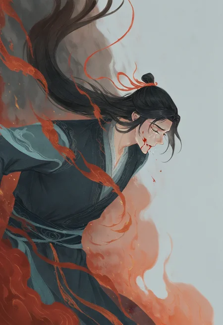 Prompt: Modao Zushi, wei wuxian, 1boy, artist name, black hair, black hanfu, blood, blood from mouth, blood on face, chinese clothes, closed eyes, closed mouth, crying, death, falling, fire from side, hair ribbon, hanfu, long hair, long sleeves, male focus, outdoors, profile, red ribbon, red trim, ribbon, solo, sparks, upper body.,
Negative prompt: nsfw, worst quality, old, early, low quality, lowres, signature, username, logo, bad hands, mutated hands, mammal, anthro, furry, ambiguous_form, feral, semi-anthro, bad anatomy, bad proportions, extra limbs, extra digit, extra legs, disfigured, missing arms, too many fingers, fused fingers, missing fingers, unclear eyes, watermark, nail polish, nail, multicolored nails, speech bubble, ai-generated,
Size: 832x1216,
Seed: 1051568252,
Model: noobaiXLNAIXL_epsilonPred11Version,
Steps: 30,
Sampler: ,
KSampler: euler_ancestral,
Schedule: simple,
CFG scale: 4.5,
Guidance: 3.5,
VAE: Automatic,
Denoising strength: 0.25,
Clip skip: 2,
LoRA: mythforill-000207:0.95,
Hires resize: 1248x1824,
Hires steps: 20,
Hires upscaler: 4x-AnimeSharp