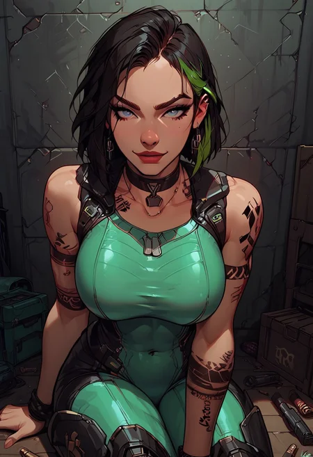 Score_9, Score8_up, Score_7_up, (((High Resolution, Best Quality))),
1girl, solo, toned arms, sleeveless, Covered in Tattoos, neck tattoos, hair tied up, (black hair, green highlights in hair),
futuristic, futuristic armor, neon green lights on bodysuit, armored suit, body armor, armor, plated armor, revealing bodysuit, tight bodysuit, tactical, military gear, toxic canisters, toxic chemicals, poision vials,
large breasts, choker, dog tags, ear piece,
seducing, seductive, flirty, tender, loving, playful, looking at viewer, smug,
Sitting on ground, leaning against wall, relaxed, leaning back, arm resting on knees, arm on knee,
inside, Military, military base, military barracks, cots, crates, military boxes, guns, bullets, supplies, armory,