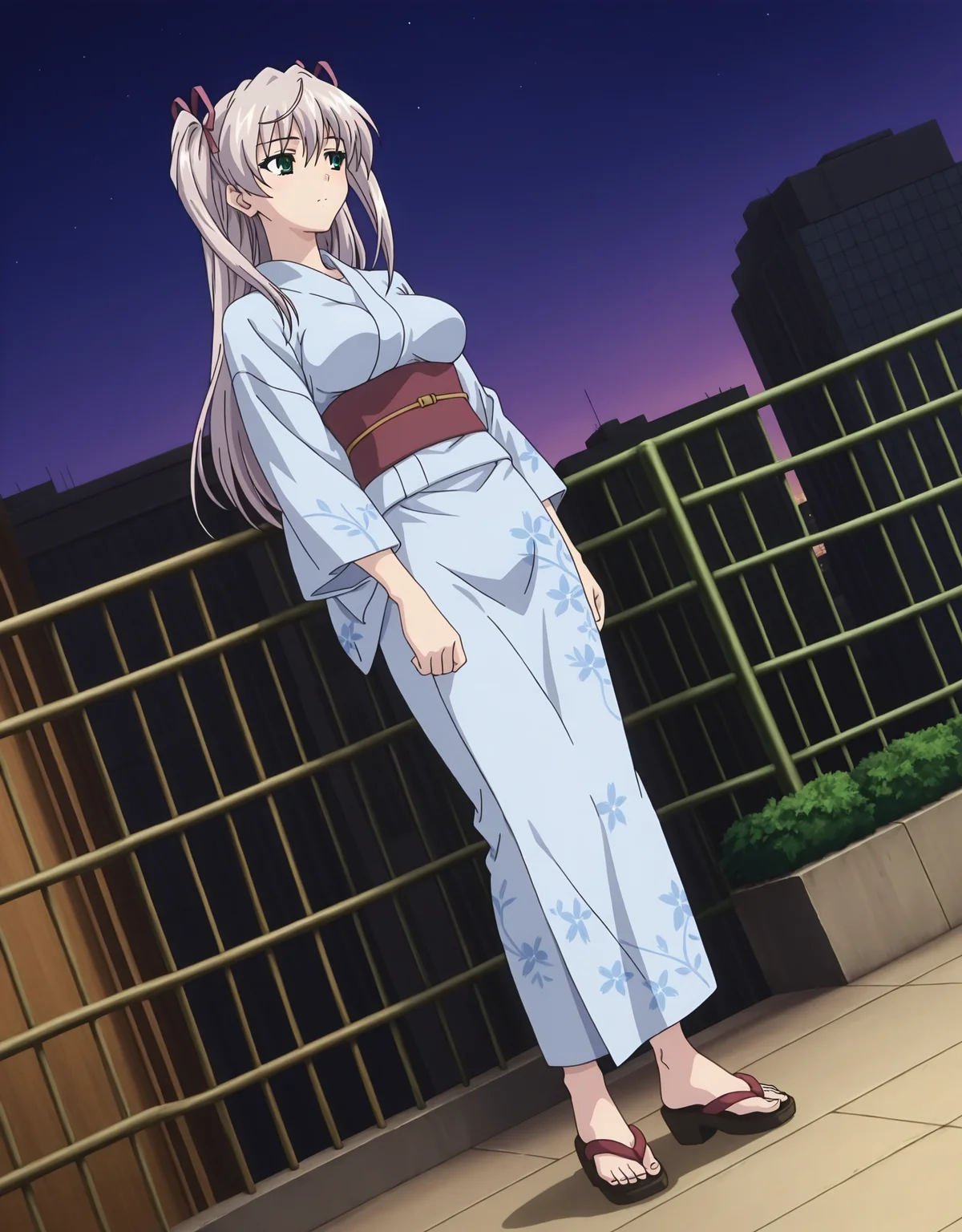 masterpiece,best quality,very aesthetic,zPDXL,2023,anime style,huge filesize,wallpaper,anime screencap,
BREAK <lora:suvia_v5-000018:0.8>,suviav5,1girl,solo,long hair,ribbon,hair ribbon,green eyes,two side up,breasts,twintails,medium breasts,grey hair,17-year-old girl,(a domineering girl:1.3),skinny,standing,dynamic_angle,close-up,macro_shot,fullbody,city,(kimono:0.5),hair bun,yukata,print kimono,furisode,
