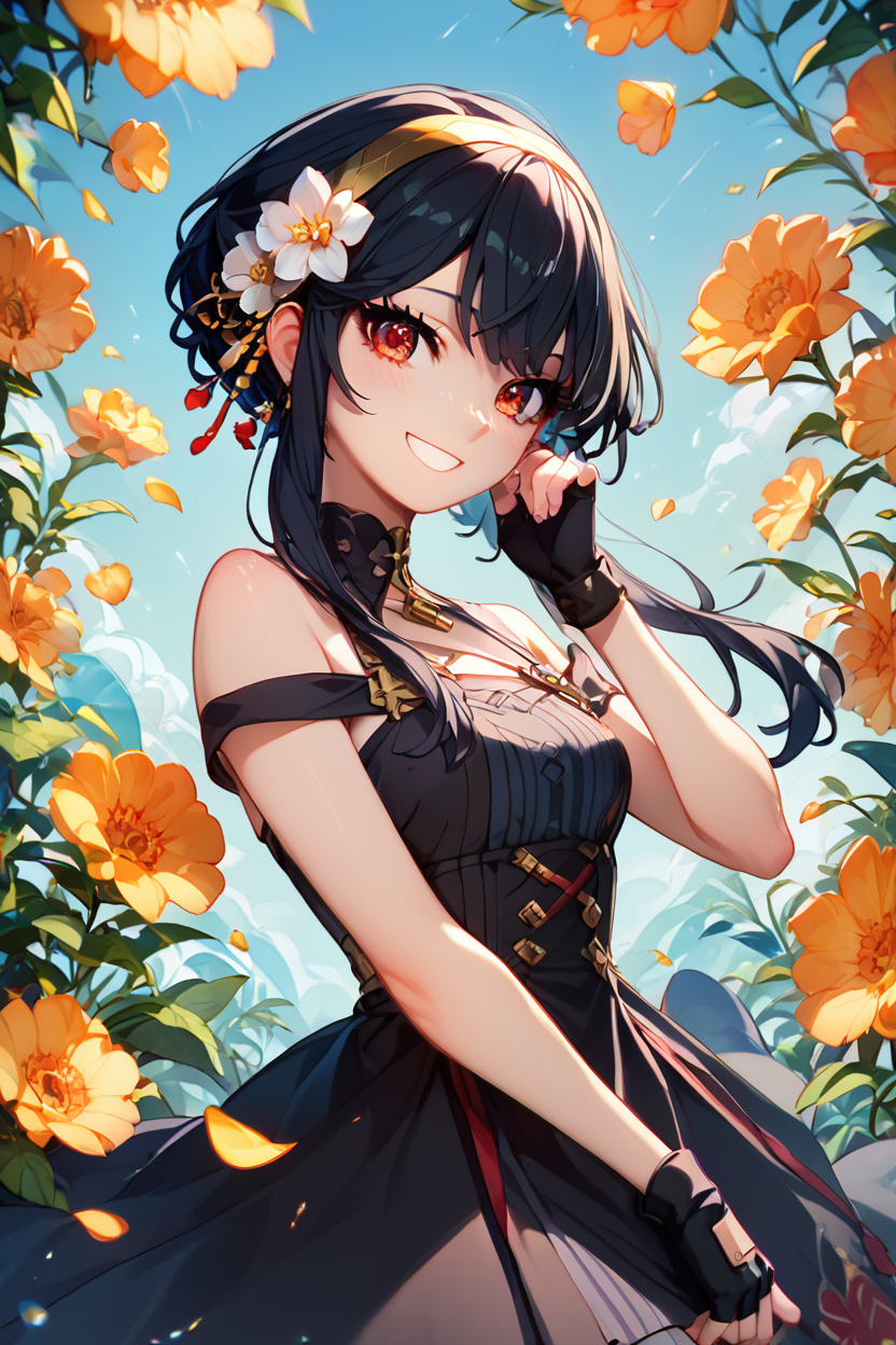 score_9, score_8_up, score_8, medium breasts, (curvy), cute, eyelashes,       BREAK, , BREAK, YorForger, 1girl, black hair, red eyes, short hair with long locks, gold hairband, hair flower, black choker, black dress, sleeveless, off shoulder, floral print, fingerless gloves, <lora:YorForgerXLpony004:0.8>,, <lora:BlueCatPonyMix1.0:1.0>, , BREAK,  smile, looking at viewer, cowboy shot,  embedding:zPDXL, Expressiveh, <lora:SDXLFaeTastic2400:0.5>,  <lora:Expressive_H-000001:0.4>,