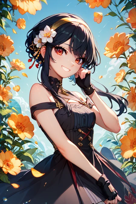score_9, score_8_up, score_8, medium breasts, (curvy), cute, eyelashes,       BREAK, , BREAK, YorForger, 1girl, black hair, red eyes, short hair with long locks, gold hairband, hair flower, black choker, black dress, sleeveless, off shoulder, floral print, fingerless gloves, <lora:YorForgerXLpony004:0.8>,, <lora:BlueCatPonyMix1.0:1.0>, , BREAK,  smile, looking at viewer, cowboy shot,  embedding:zPDXL, Expressiveh, <lora:SDXLFaeTastic2400:0.5>,  <lora:Expressive_H-000001:0.4>,