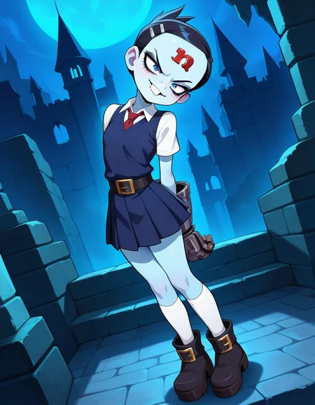 masterpiece, best quality, amazing quality, masterpiece, newest, absurdres, safe, , very aesthetic, absurdres, outside, evil castle,night, dramatic shadows, 1girl, solo, 1girl only, nina cortex, blue skin, black hair, short hair, blue eyes, hairclip, white collared shirt, dark blue sweater vest, red tie, short sleeves, belt, dark blue pleated skirt, white socks, kneehighs, black ankle boots, metal gloves, buck teeth, red n on forehead, freckles, black eyeliner, smile, closed mouth, excited eyes, dynamic pose, dynamic angle, dramatic angle, v-shaped eyebrows, standing, feet together, hands behind back, head tilt, , <lora:885e3ca3-13e4-4ff5-bb0b-d38a99325c85:1.0>