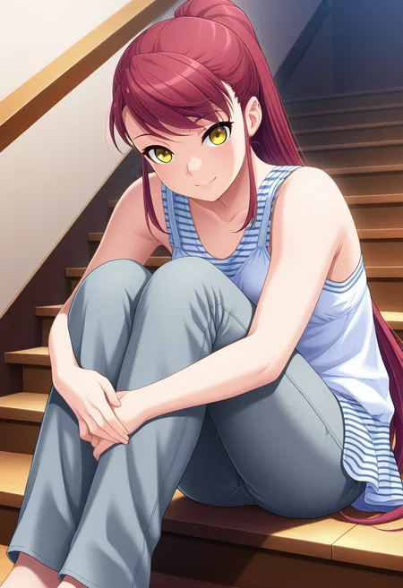 masterpiece, best quality, amazing quality, 1girl, solo, sayaww, yellow eyes, red hair, long hair, very long hair, ponytail, small breasts, white sleeveless top, striped frill, gray pants, casual, <lora:Niimi_Saya_Alea_ill:0.9>, from below, sitting, sitting on stairs, hugging own legs, looking at viewer, smile, indoors, stairs, skindentation, detailed clothing folds, depth of field, sharp, high contrast, dynamic light