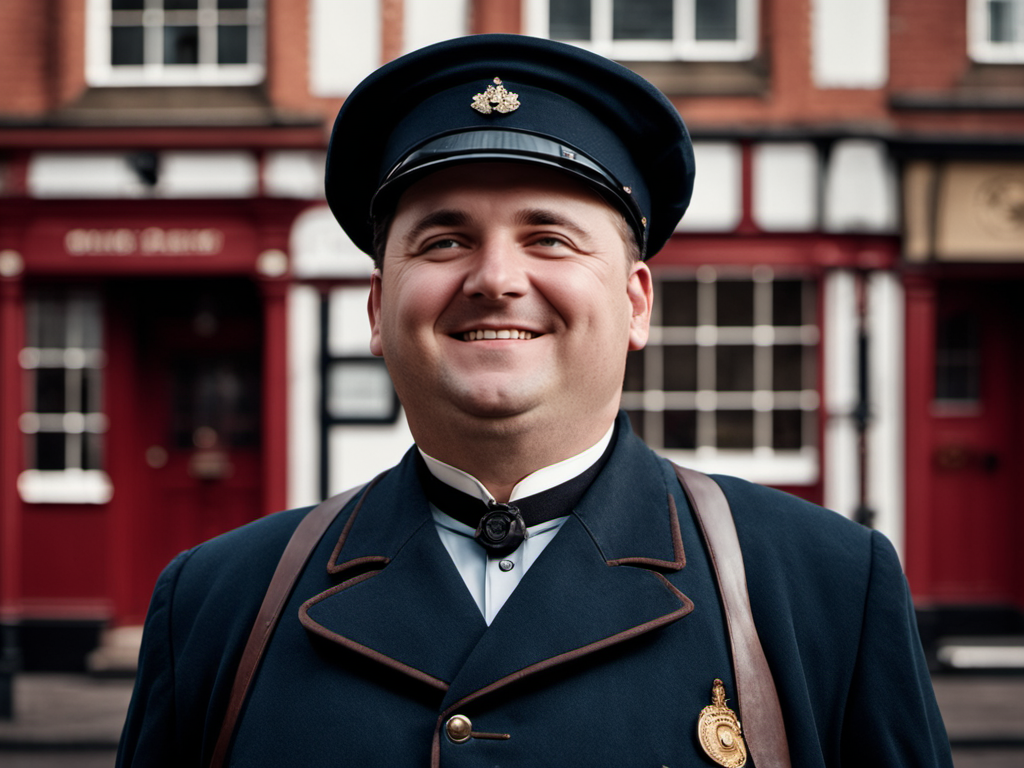 cinematic photo walking, happy victorian postman (1 man:1.3) corpulent James Braun <lora:BarnumAtelier-SDXLa:1> portrait, full-body, detailed skin, skin imperfections, skin pores, busystreet . 35mm photograph, film, bokeh, professional, 4k, highly detailed