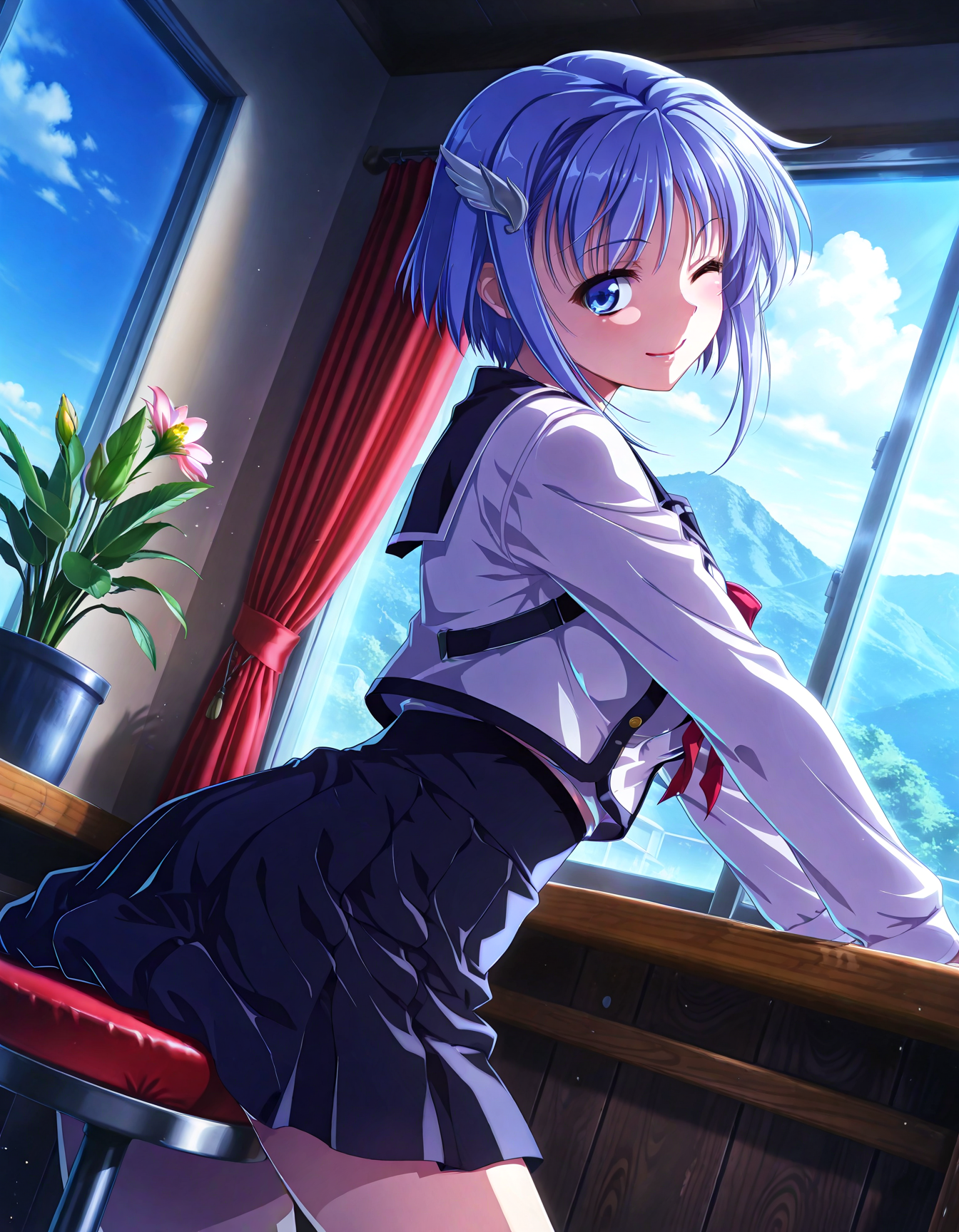 (1girl, solo:1.3), (2girls, 3girls, 4girls, multiple girls, 2boys, 3boys, 4boys, multiple boys:-1.5) <lora:Kajio_Honoka_Denshanai_de_Now_Illustrious:0.9>, kajio_honoka, medium breasts, blue eyes, blue hair, short hair, bangs, sidelocks, hair ornament, school uniform, serafuku, red ribbon, black skirt, pleated skirt, smile, (tongue out:0.7), one eye closed, general, contrapposto, dynamic pose, outstretched arms, upper body, from side, pov, dutch angle, indoors, dining room, cafe table, stool, sitting on stool, window, outdoor view, curtains, plant, potted plant, flower, (perspective:0.7), <lora:NOOB_EPSv1_1_detailer_by_vlnvk_v1_0:1.5>, (photo background:0.7), day, (tachibana yuu:0.6), inue shinsuke, (kazuma muramasa:0.0), saikawa yusa, (aoi manabu:0.6), abarerumidori, (suzui narumi:0.6), masterpiece, newest, absurdres, 8K, anime screenshot, anime coloring, flat color, official art, film grain, <lora:illustriousXLv01_stabilizer_v1.185c:0.7>, <lora:LECO_Solo:-4.0>,