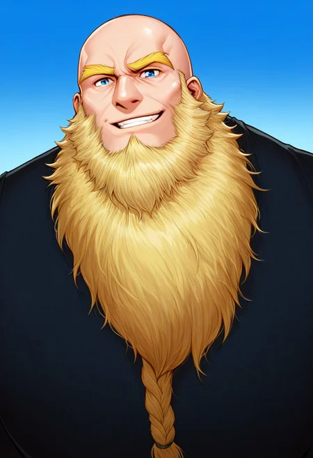 score_9,score_8_up,score_7_up, detailed face, detailed body, detailed eyes, Highest Quality, 4k, masterpiece, Amazing Details, (((GomTang, low angle, Half Body))), ((solo, 1boy, bara, blue eyes, smirk face, looking at viewer, massive pectorals)), ((Thick Eyebrows, Monobrow, Unibrow, Yellow eyebrow)), (completely bald),, Unibrow, Long Sleeve, Hypermuscle, ((Yellow Beard, Epic Beard, Large Beard, Man With A Very Long Beard, Beard)), Goliath, Tall, <lora:Big_Braided_Beards:1,<lora:Cruz'sBeardedMan:0.7>, Sky Background With A Sun, Waving Hand, Strong Triangular Jawline, Rugged Features, 40-year Old Man, Mature Male