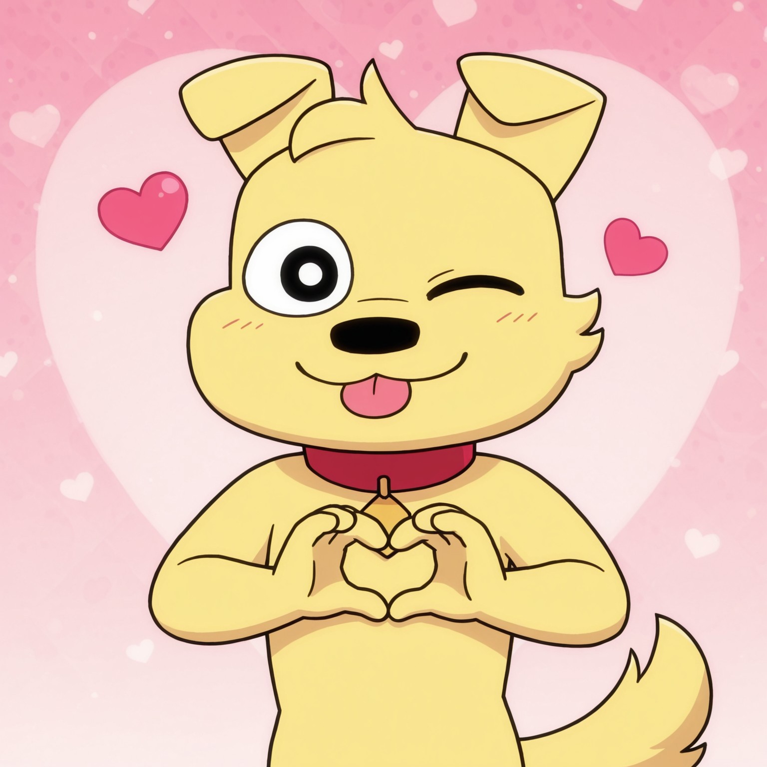 1boy, 2d, solo, Benny, male, anthro, dog, red collar, black eyes, black nose, yellow fur, face tuft, tail, 

BREAK one closed eye, smile, tongue out, heart background, hand heart sign, upper body focus, looking at viewer 

BREAK best quality, amazing quality, very aesthetic, absurdres, newest, masterpiece, high quality, highres