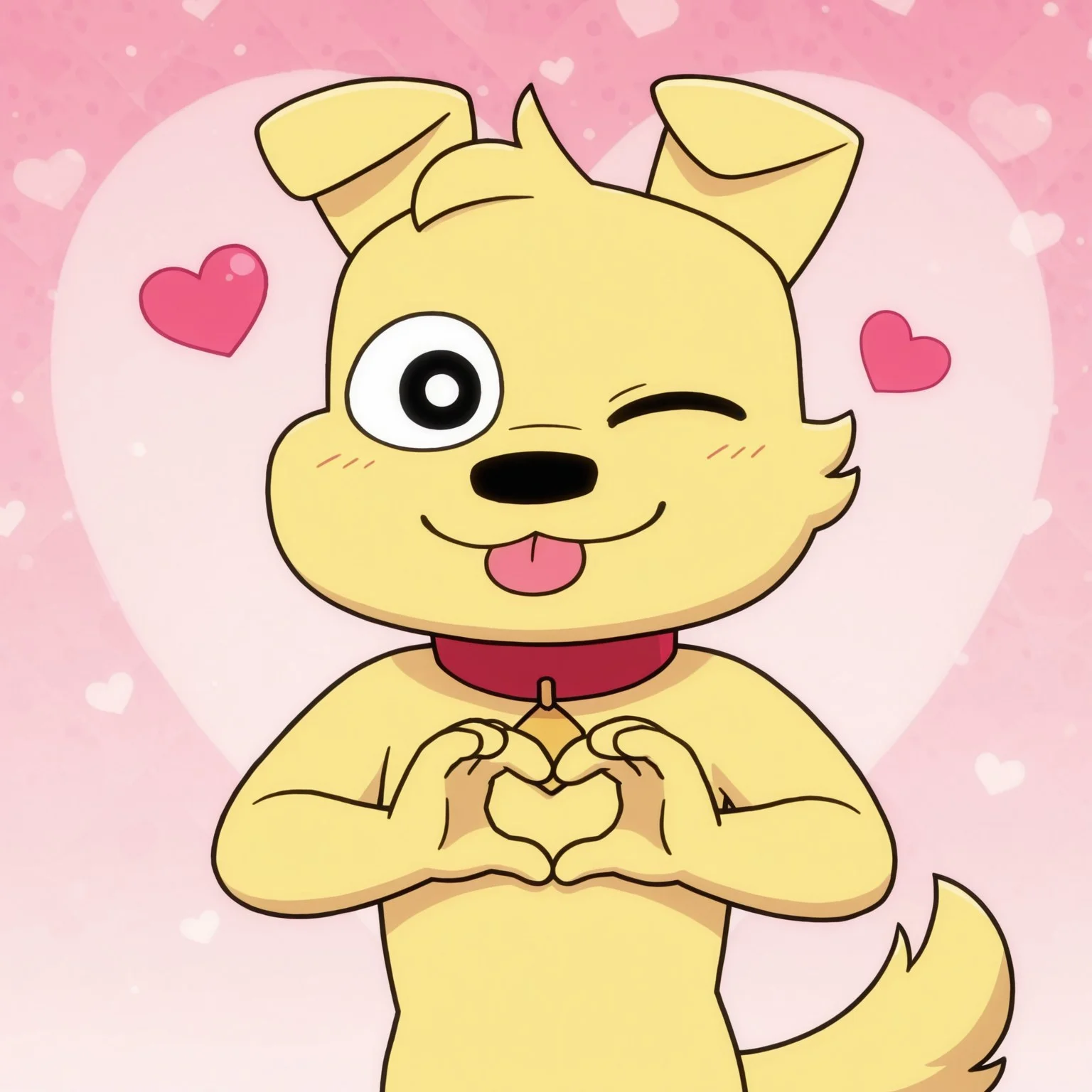 1boy, 2d, solo, Benny, male, anthro, dog, red collar, black eyes, black nose, yellow fur, face tuft, tail,
BREAK one closed eye, smile, tongue out, heart background, hand heart sign, upper body focus, looking at viewer
BREAK best quality, amazing quality, very aesthetic, absurdres, newest, masterpiece, high quality, highres