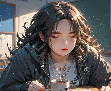 PonyScores7, source_anime, ah1, IllustriousQual, <lora:natsumi_style:0.5>, <lora:by_usakun-pony:0.4> by usakun, <lora:Akina_Bbw_Style_-_PonyXL:0.2> AkinBw
BREAK 1girl, mature female, (round face:1.2), (thick eyebrows:1.3), (curvy), round-chin, caucasian, (plump face), <lora:Round_face:0.2>, <lora:ETO_OCPonyXL:0.5> eto_oc, skindentation, (plump), thick thighs, wide hips, busty, voluptuous, lips, <lora:venus body PonyXL:0.4>, <lora:shinyskin2:0.2> glistening skin
BREAK (((curly hair), long hair, (black hair:1.4), (parted hair:1.7), messy hair, kinky curls, <lora:hairdetailpxl:0.2> hairdetailpxl))
BREAK ((half green and brown eyes), (colorful eyes), (multicolored eyes), (downturned eyes:1.4), <lora:expressive eyes:0.5> expressive eyes, <lora:eyedetailpxl:0.2> eyedetailpxl, <lora:Eyes_High_Definition:0.3> EyesHD)
BREAK ((Face with a gentle blush and closed eyes, <lora:Expressive_H:0.2> Expressiveh, <lora:Emotional_Anime_Expressions_PonyXL_Concept:0.2> emotional, <lora:Best_Facial_Expression_LoRA_PONY:0.2>, looking at viewer, <lora:Detailed expressive EXEV style -XL Pony V1.0:0.2> FaceDetail))
BREAK ((Tired Slump with Dreams of Adventure, Slump against a wall or surface your eyes closed and a dreamy expression conveying exhaustion but also longing for new adventures,))
BREAK Cyclamen plant Sleeveless hoodie and jogger pants
BREAK (((a cozy meeting room with comfortable seating, a whiteboard, a coffee station, ideal for brainstorming sessions and team meetings)))
BREAK <lora:xl_more_art-full_v1:0.2>, <lora:aesthetic_anime_v1s:0.2>, <lora:EpicF4nta5yXL:0.2>, <lora:detailxl:0.2> detailxl, <lora:Fant5yP0ny:0.2>, best quality, amazing quality, best aesthetic, absurdres, illustration, Volumetric_Lighting, ultra-detailed, very aesthetic, intricate details, 8k, masterpiece, best_quality
BREAK (zoom_out:1.8), (horizontal)
BREAK Stable_Yogis_PDXL_Positives, AS-Adult, <lora:Complicated fantasy portrait - XL Pony V2.0:0.3>, bad-hands-5, <lora:HDA_Detailer:0.5>, HDA_FatGirlXL