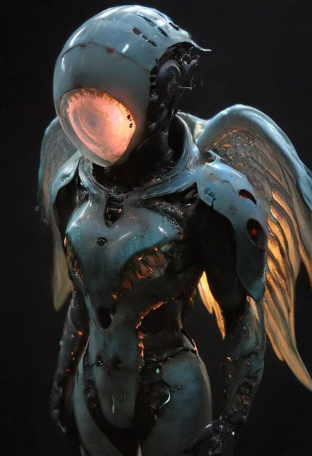 Fallen Angle style, Surrealism style, Super head Closeup, Front View, looking at Viewer, subsurface scattering, Woman Bad costumed AS freaky cute LiS_Robot By tim burton with Large vanta black Wings, large cyber-glow-translucent hooded Cape, DARK black room, Neon translucent Soundwaves visible on the face, very detailed insect eye ( The outer part of the ommatidium is overlaid with a transparent cornea. Each ommatidium is innervated by one axon bundle (usually consisting of 6 9 axons), Fallen Angle style,
atmospheric haze, Film grain, cinematic film still, shallow depth of field, highly detailed, high budget, cinemascope, moody, epic, OverallDetail, 2000s vintage RAW photo, photorealistic, candid camera, color graded cinematic, atmospheric lighting, imperfections, natural, shallow dof