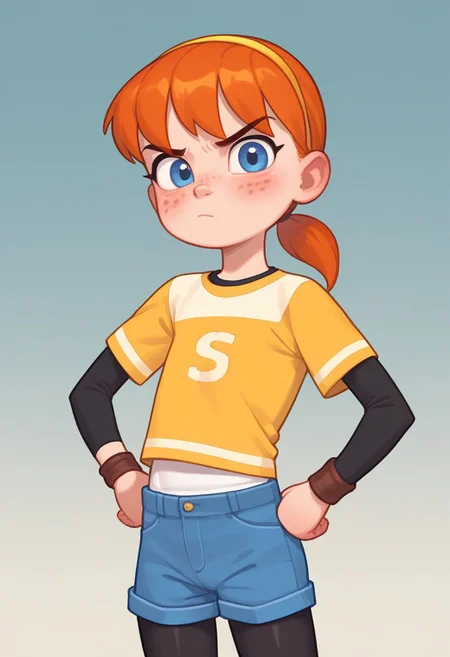 (score_9,score_8_up,score_7_up), cute anime girl, big cute eyes, masterpiece,cartoon style, best quality, amazing quality, gradient background, chibifurri, looking at viewer, ((tsundere)),cartoonish, (((1 girl))), skinny bodyflat chest, april2012,1girl,solo,blue eyes,freckles,shirt,ponytail,pantyhose,hairband,shorts,orange hair,black pantyhose,wristband,blue shorts