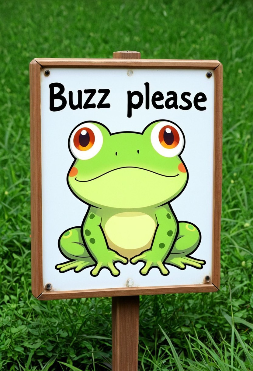 frog, anime,cute ,sign,sign with text that says ''buzz please''