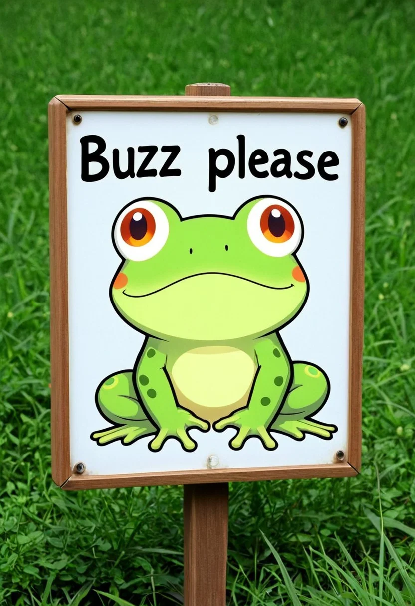 frog, anime,cute ,sign,sign with text that says ''buzz please''