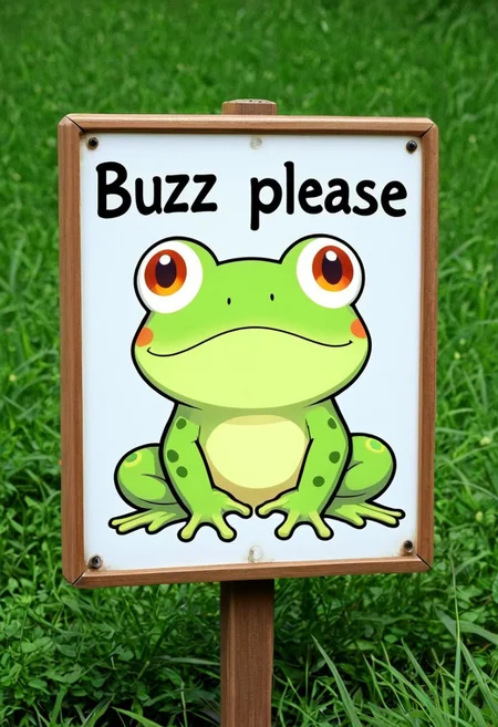 frog, anime,cute ,sign,sign with text that says ''buzz please''