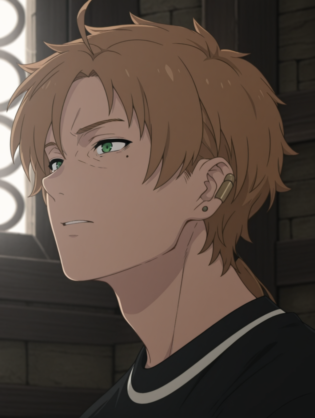 masterpiece, best quality, amazing quality, 1 boy, solo, male focus, Paul Greyrat, green eyes, ear piercing, mole, bangs.