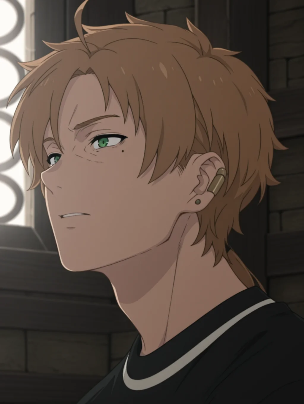 masterpiece, best quality, amazing quality, 1 boy, solo, male focus, Paul Greyrat, green eyes, ear piercing, mole, bangs.