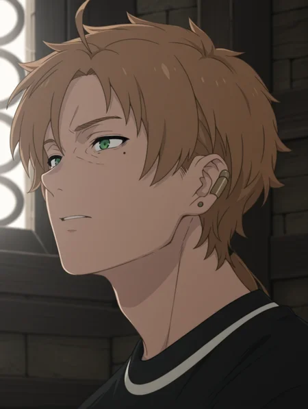 masterpiece, best quality, amazing quality, 1 boy, solo, male focus, Paul Greyrat, green eyes, ear piercing, mole, bangs.