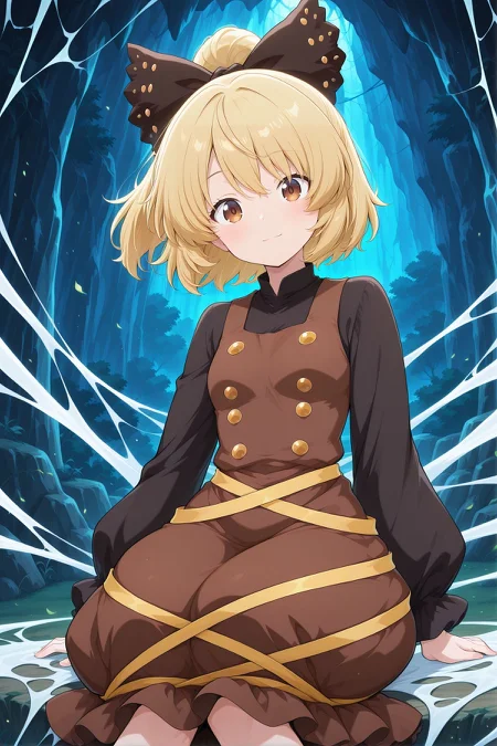absurdres, highres, masterpiece, best quality, amazing quality, official anime artwork, screencap, anime screencap, outdoors, looking at viewer, light smile,
<lora:Yamame-Kurodani_Illustrious:1> kurodani yamame, 1girl, solo, brown eyes, blonde hair, long hair, ponytail, small breasts,, hair bow, black bow, brown dress, black sleeves, long sleeves, puffy dress,
cave, silk, sitting, on silk, dark,