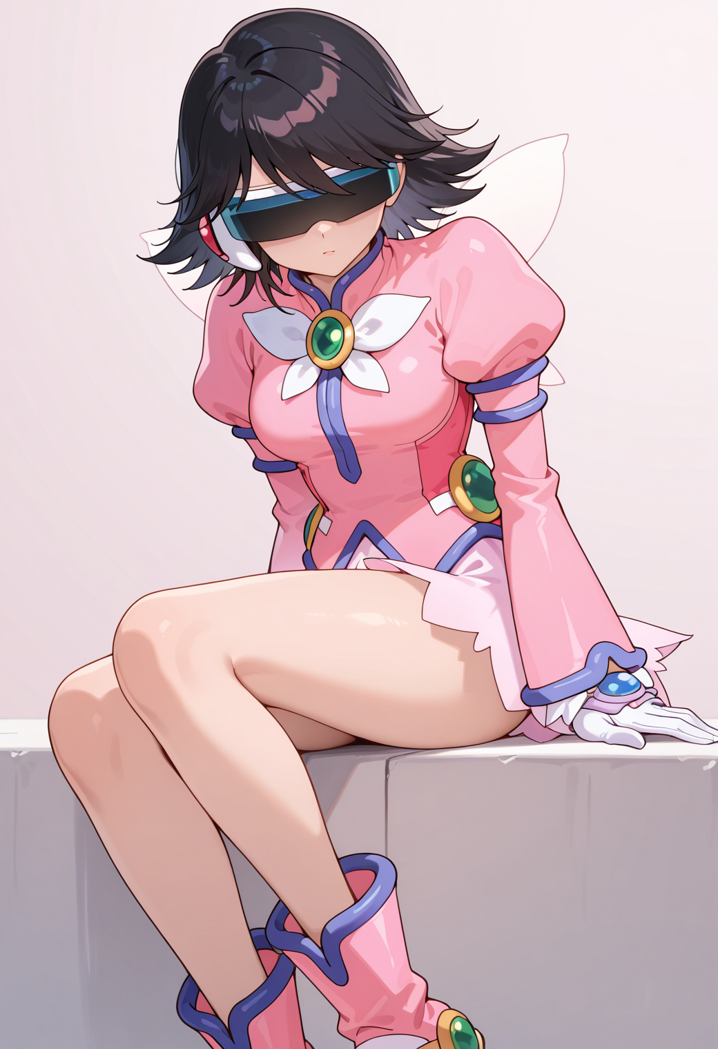 masterpiece, best quality, very aesthetic, absurdres, 1girl, solo,
<lora:corrector_ai_fairy_yui_v01:0.9>, corrector_ai, fairy_element_suit_yui, black hair, short hair, head-mounted display,
magical girl, single headset, pink dress, long sleeves, puffy sleeves, brooch, wings, white gloves, pink miniskirt, boots, posing, sitting