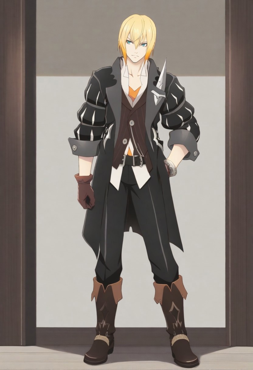 eizen (tales), blond hair, gradient hair, blue eyes, black coat, brown vest, white shirt, brown pants, shirt untucked, 1boy, standing, full body, brown boots, belt,