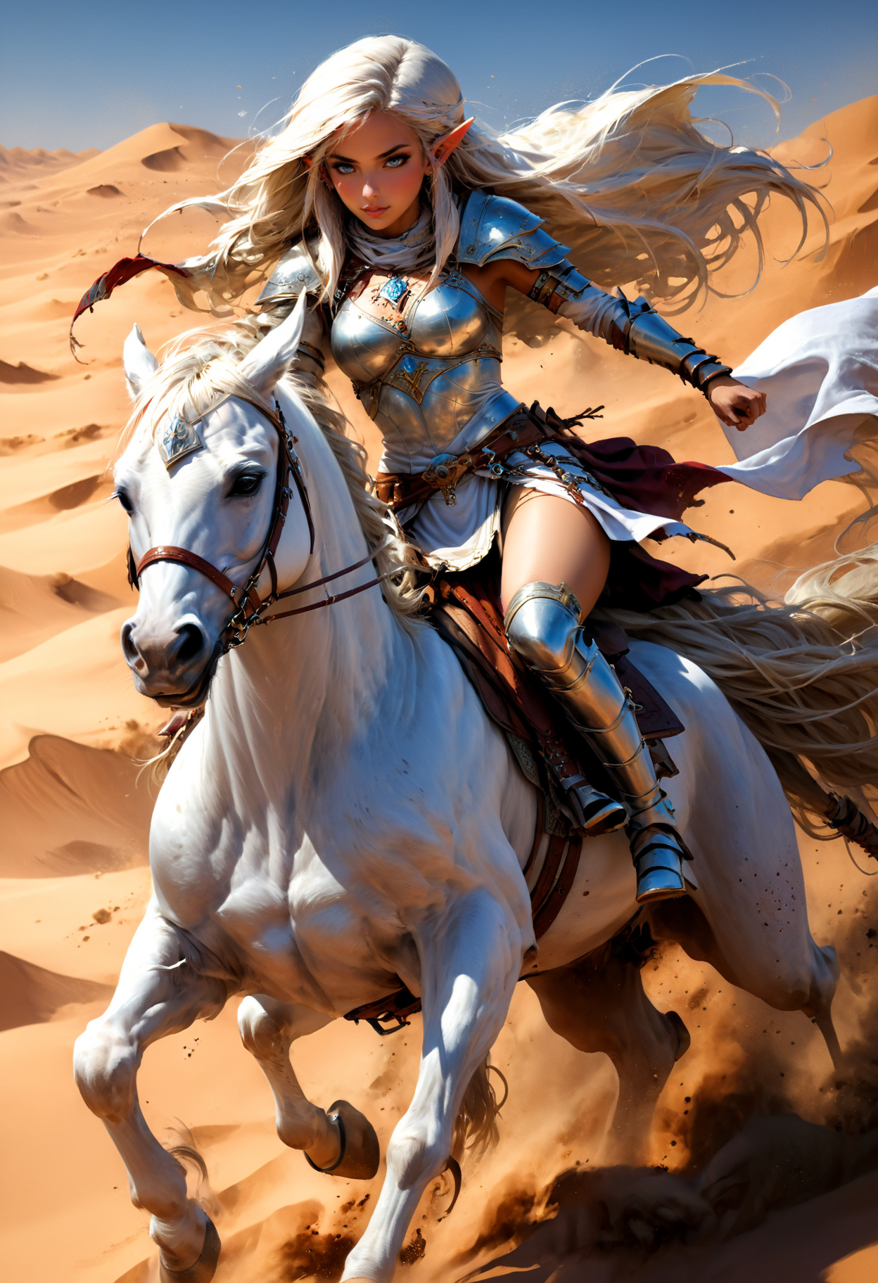 Anime style, ultra detailed, masterpiece, dungeons & dragons art, elf girl, elf girl riding a warhorse, horselord, Arabian armor, white cloak, belt, toned abs, long hair, pretty skin, in the desert, medieval fantasy, <lora:add-detail-xl:1> <lora:xl_more_art-full_v1:1> <lora:EnvyActionShotXL01:0.8> action shot,  <lora:EpicF4nta5yXL:0.8>