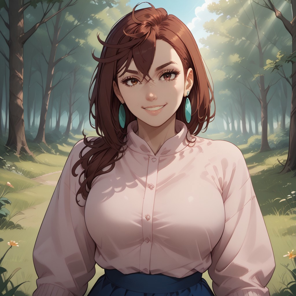 score_9, score_8, BREAK, solo, Momo Ayase, Dandadan, Burgundy eyes, Green earrings, Pink shirt, Blue skirt, adult female, mature female, breasts, sexy pose, self portrait, smile, outdoors, sunlight, shadows, evening lighting, natural lighting, forest, trees, grass, orange sky, sunset